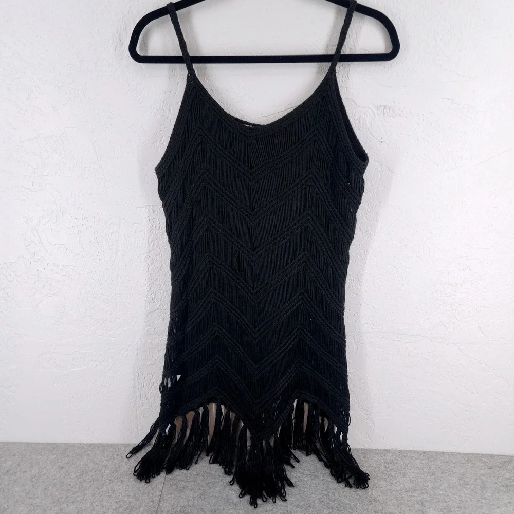 1st Class L/XL | Black Chevron Crochet Fringe Boho Festival Tank Top Women
